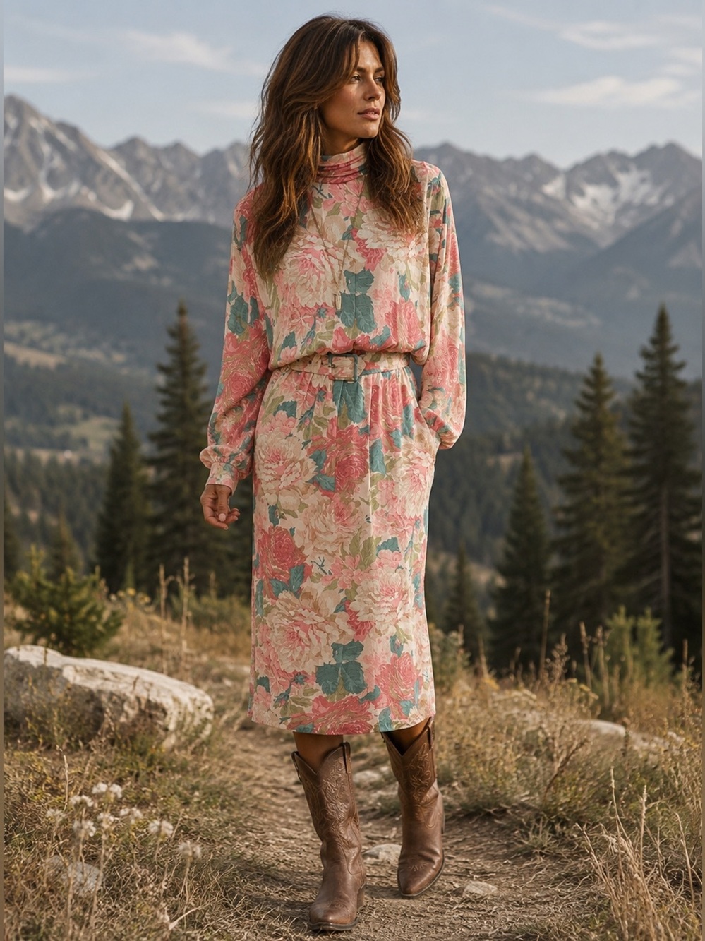 Vintage Phoebe Midi Dress floral women xsmall batwing long sleeve